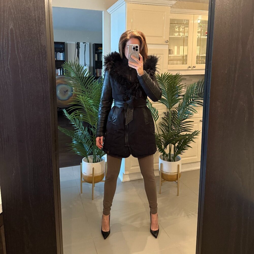 Black Down Parka with Leather Details and Removable Fur, Rudsak, US M